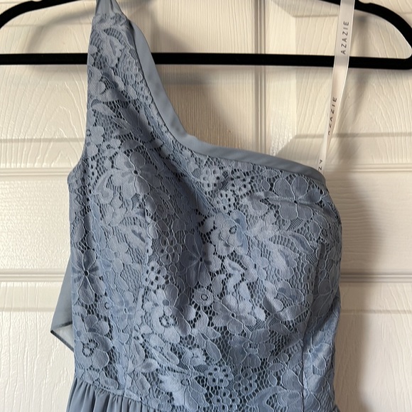 Azazie Crosby: A-Line Lace Chiffon Floor-Length Dress Dusty Blue - Picture 2 of 7